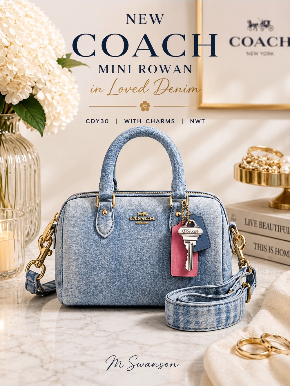 NEW Coach Mini Rowan Crossbody With Charms Loved Denim CDY30 NWT